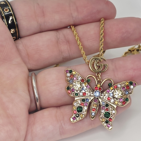 GUCCI Butterfly Pendant Necklace with Multicolor Crystals - Picture 3 of 7